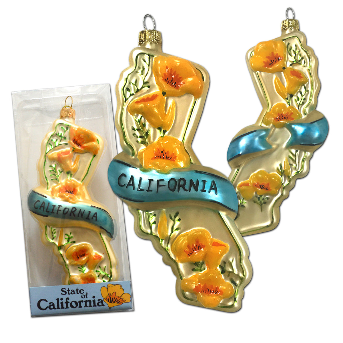 State of California w/ Poppies Glass Ornament